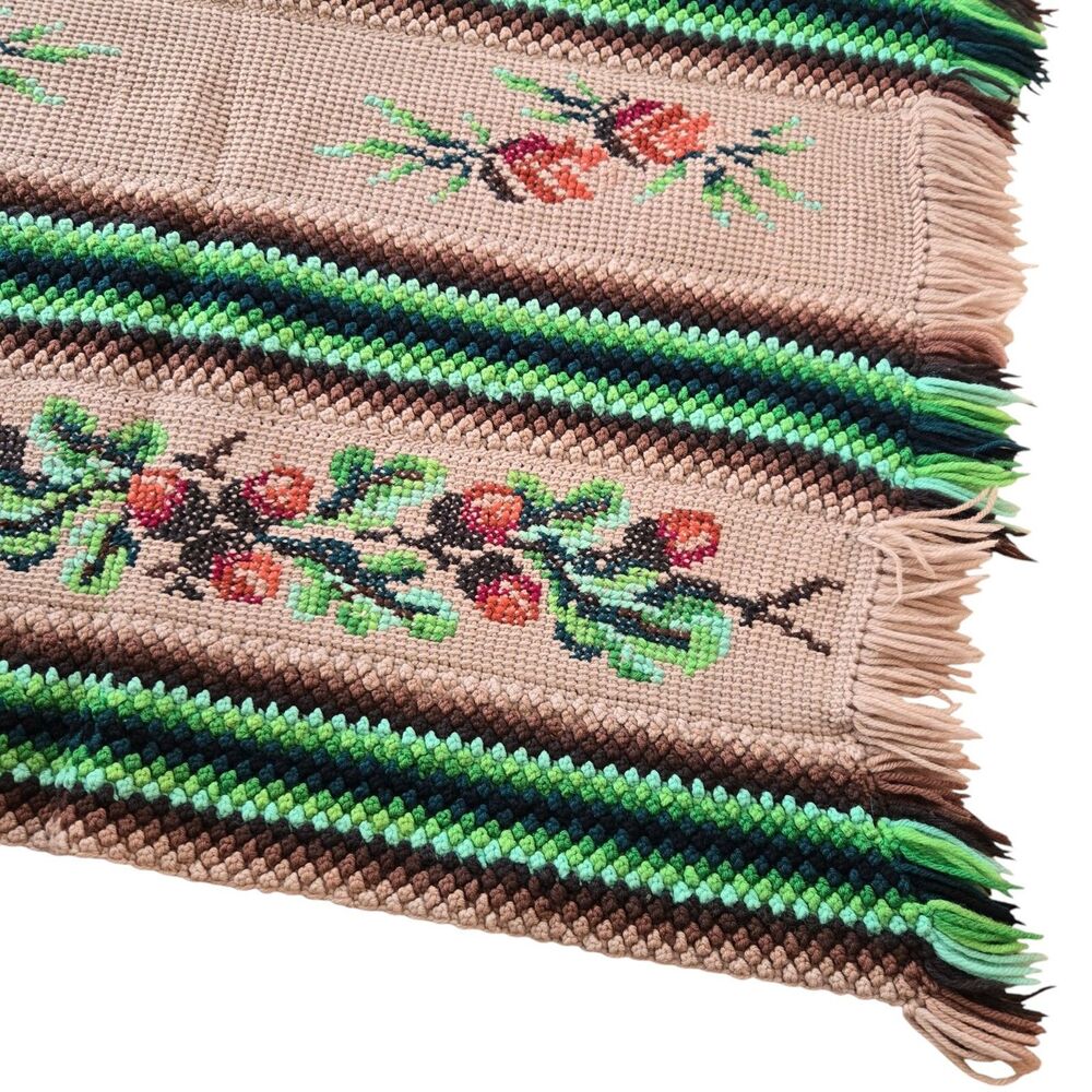 Vtg Embroidered look Crochet Afghan Blanket Throw Hippie Boho Warm Brown READ